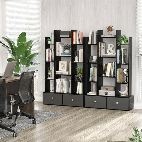 Unikito Book Shelf with 2 Drawers Free Standing Bookcase, Office Storage Shelf Organizer with 12 Open Bookshelf, Industrial Wood Book Case Display Rack for Bedroom, Living Room Home Office