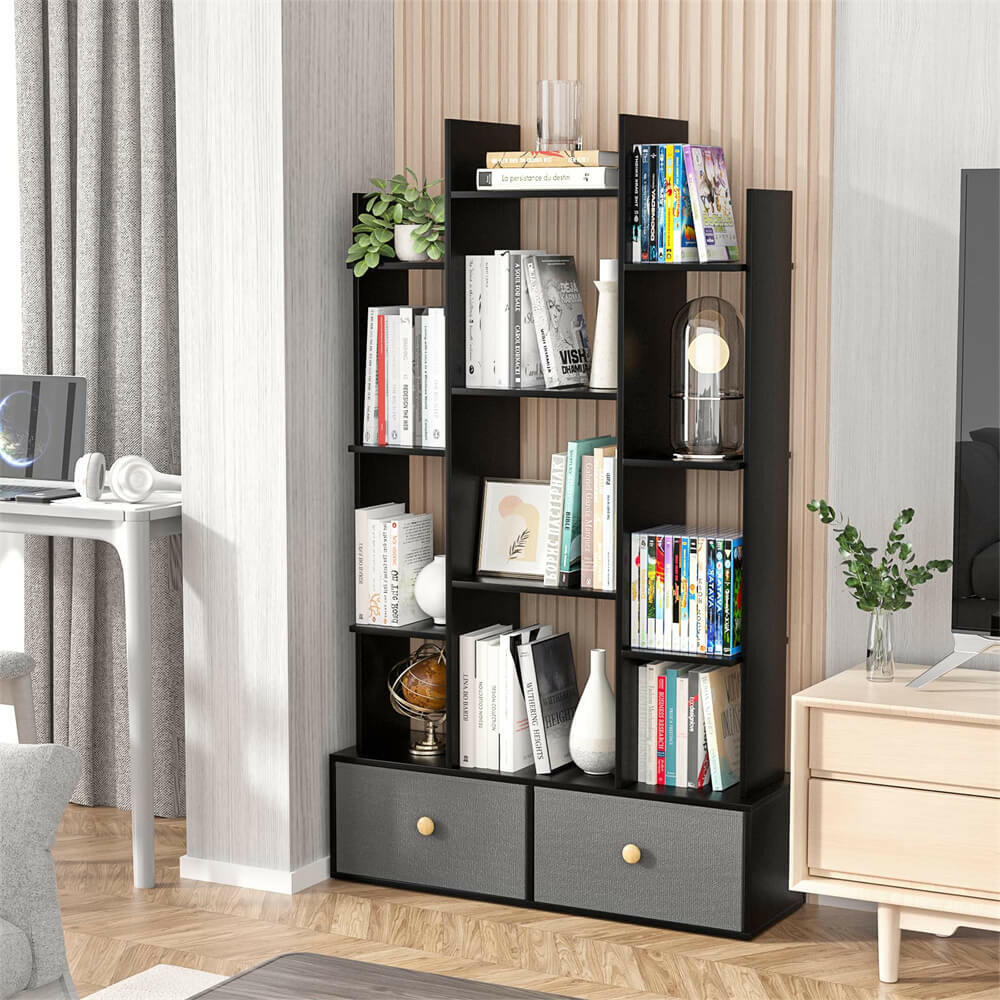 Unikito Book Shelf with 2 Drawers Free Standing Bookcase, Office Storage Shelf Organizer with 12 Open Bookshelf, Industrial Wood Book Case Display Rack for Bedroom, Living Room Home Office