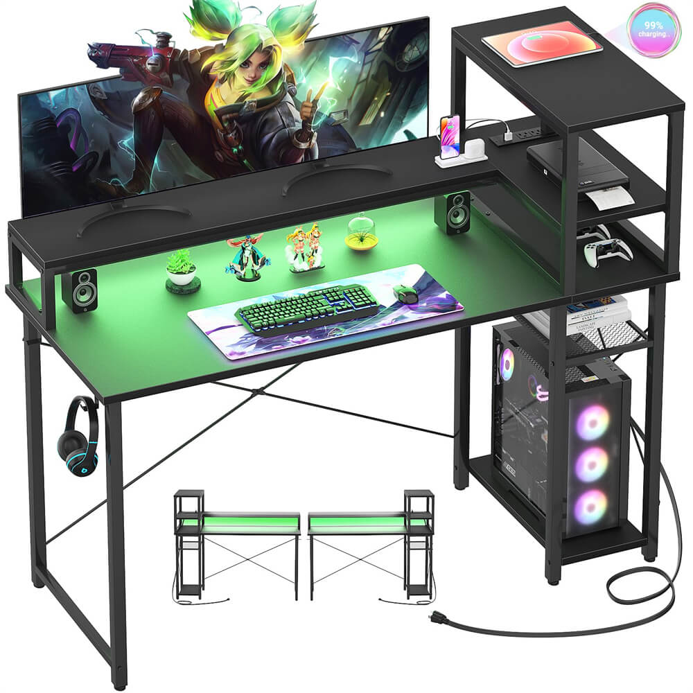 Unikito Gaming Desk with Power Outlet and USB Ports, 47 inch Ergonomic Computer Desk with LED Strip and Monitor Stand, Reversible Small Desk Office Desk Writing Desk with Storage Shelf