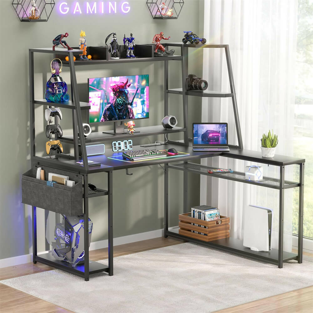 Unikito L Shaped Gaming Desk with Hutch & Shelves, 47'' Gaming Computer Desk with LED Lights & Power Strips, Reversible PC Gaming Desk L Shape with Storage, L Desk for Gaming with Monitor Stand