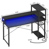 Unikito Gaming Desk with Power Outlet and USB Ports, 47 inch Ergonomic Computer Desk with LED Strip and Monitor Stand, Reversible Small Desk Office Desk Writing Desk with Storage Shelf