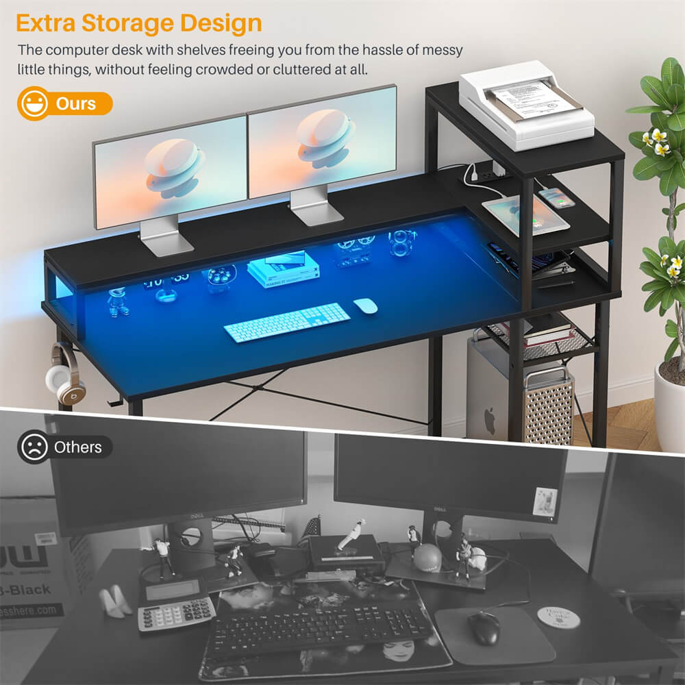 Unikito Gaming Desk with Power Outlet and USB Ports, 47 inch Ergonomic Computer Desk with LED Strip and Monitor Stand, Reversible Small Desk Office Desk Writing Desk with Storage Shelf