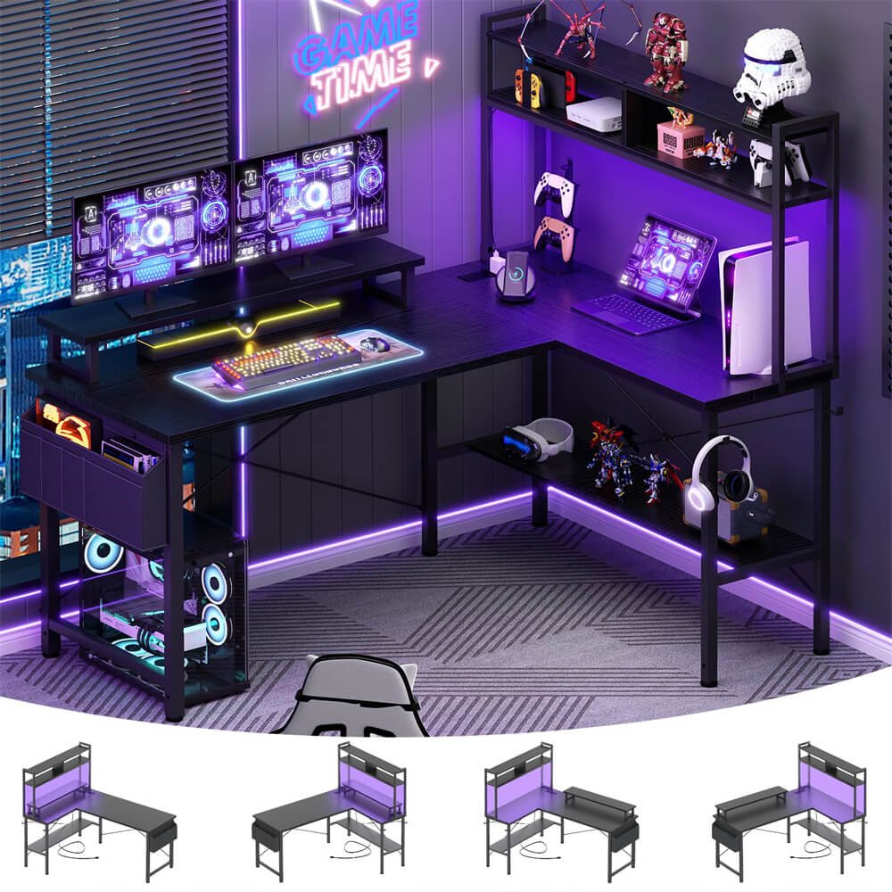 L Shaped Gaming Desk with Power Outlets & LED Lights, Small Computer Gaming Desk with Monitor Stand, Storage, Side Storage Bag, and Headphone Hooks