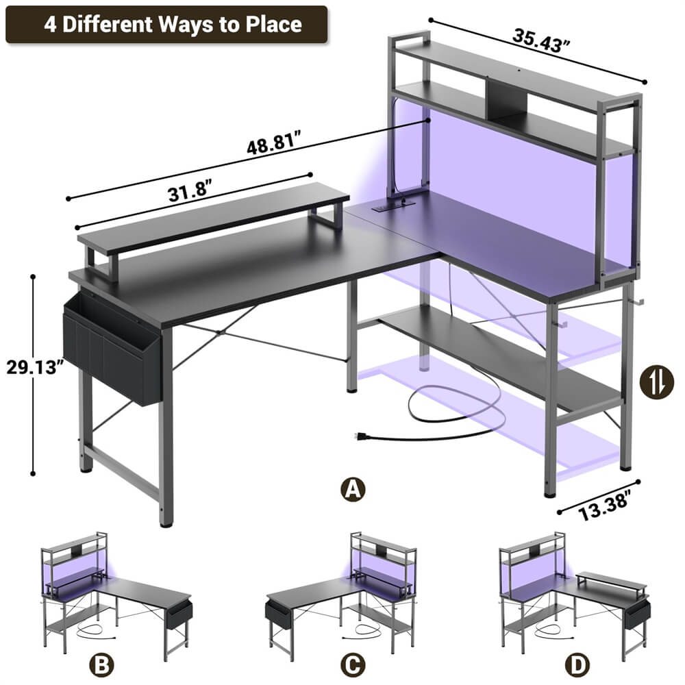 L Shaped Gaming Desk with Power Outlets & LED Lights, Small Computer Gaming Desk with Monitor Stand, Storage, Side Storage Bag, and Headphone Hooks