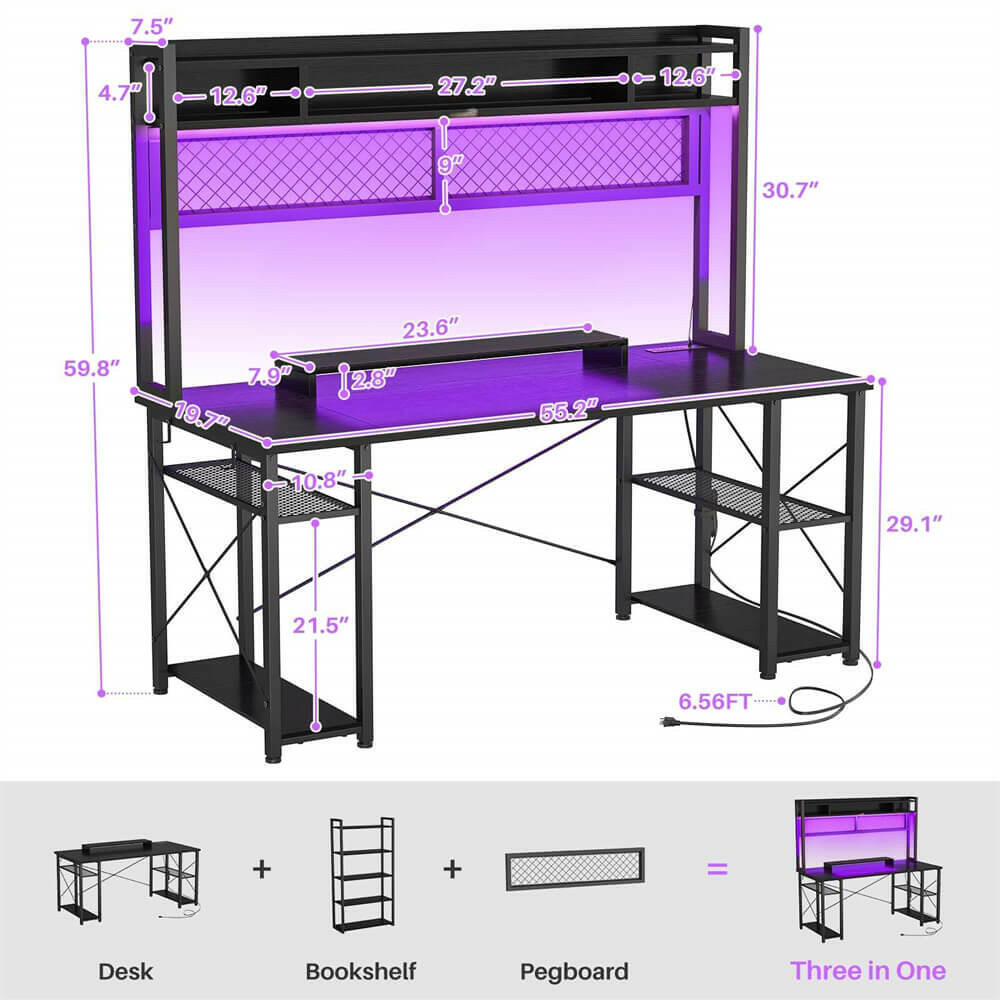 Unikito 2024 Upgrade Gaming Desk with Hutch, 55.2'' Magic Computer Desk with LED and Outlets, Reversible Workstation Desk with Pegboard