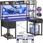 Unikito Gaming Desk with LED and Outlets, 55'' Computer Desk with Hutch & Drawers, Reversible Office Desk with Storage Bookshelf, Large Workstation Desk with Shelf, Desk for Home