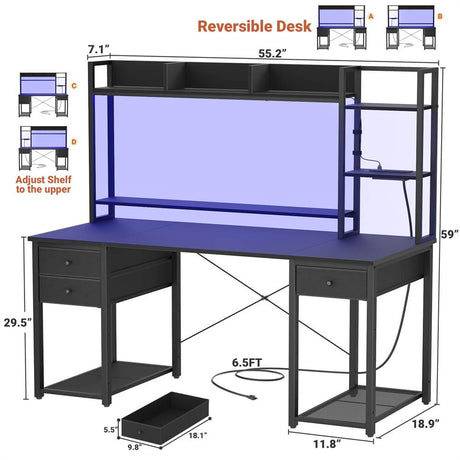 Unikito Gaming Desk with LED and Outlets, 55'' Computer Desk with Hutch & Drawers, Reversible Office Desk with Storage Bookshelf, Large Workstation Desk with Shelf, Desk for Home