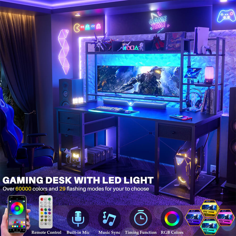 Unikito Gaming Desk with LED and Outlets, 55'' Computer Desk with Hutch & Drawers, Reversible Office Desk with Storage Bookshelf, Large Workstation Desk with Shelf, Desk for Home