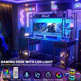 Unikito Gaming Desk with LED and Outlets, 55'' Computer Desk with Hutch & Drawers, Reversible Office Desk with Storage Bookshelf, Large Workstation Desk with Shelf, Desk for Home