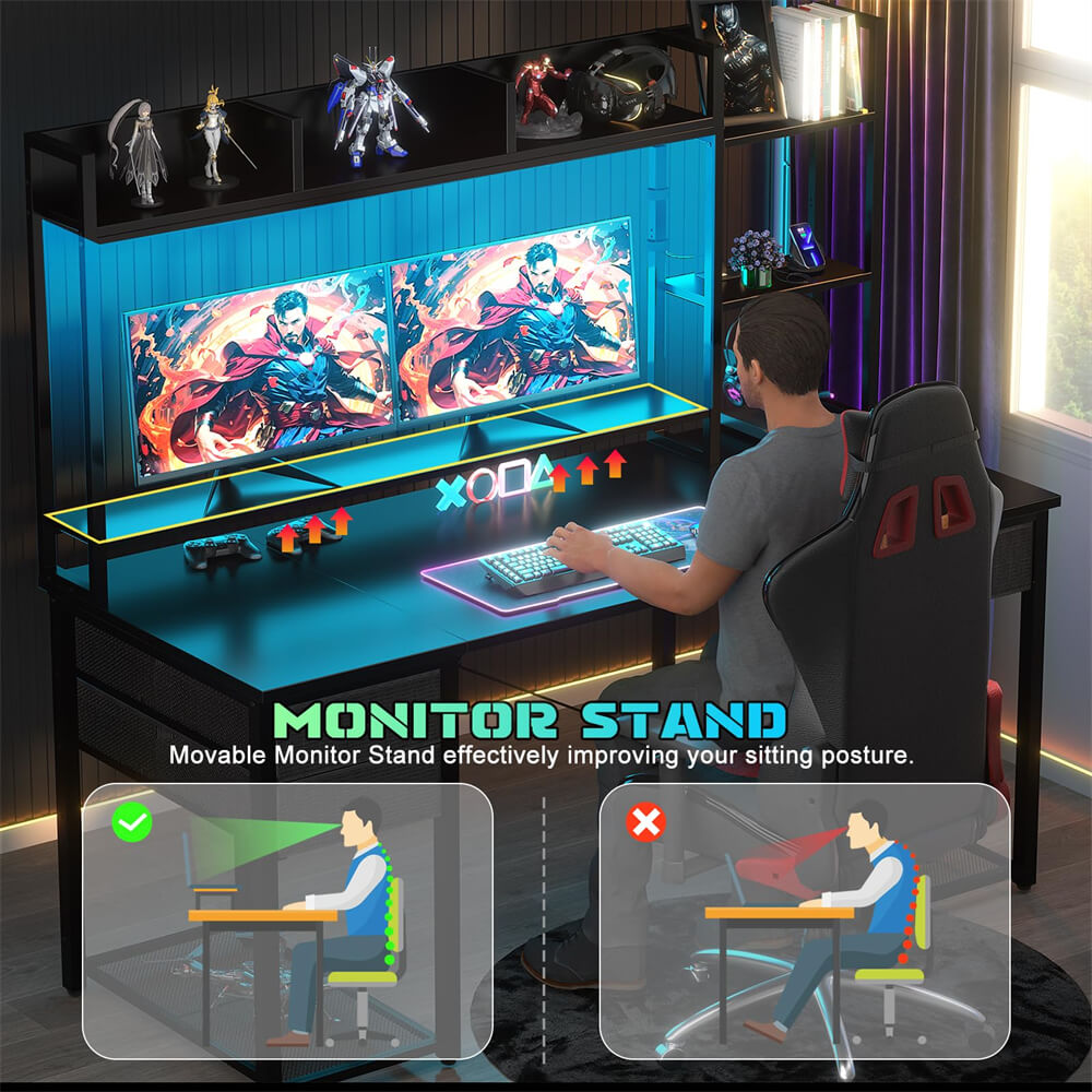 Unikito Gaming Desk with LED and Outlets, 55'' Computer Desk with Hutch & Drawers, Reversible Office Desk with Storage Bookshelf, Large Workstation Desk with Shelf, Desk for Home