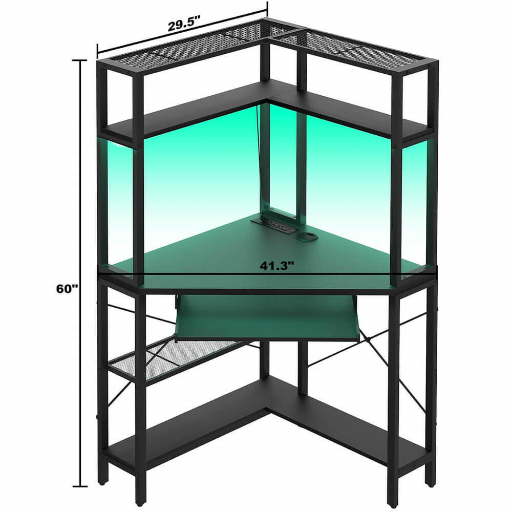 Unikito Small Corner Desk with Hutch, Corner Computer Desk with Power Outlets & LED Light, Triangle Corner Gaming Desk with Keyboard Tray, Corner Table for Home Office, Small Space