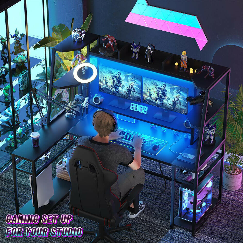 Unikito L Shaped Gaming Desk with LED Lights & Power Strips, 63'' Reversible Gaming Table Desk with Hutch, L-Shaped PC Gaming Desk with Storage, L Gamer Desk with Monitor Stand & Hook