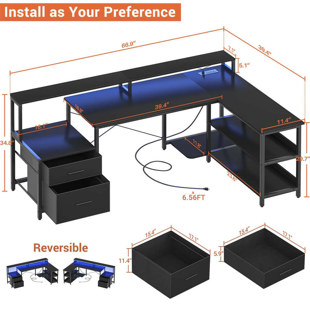 Unikito L Shaped Desk with File Drawer, 66" Reversible L Shaped Computer Desk with Power Outlet & LED Strip, Gaming Desk with Long Monitor Stand, Office Desk Corner Desk with Storage Shelf