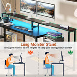 Unikito L Shaped Desk with File Drawer, 66" Reversible L Shaped Computer Desk with Power Outlet & LED Strip, Gaming Desk with Long Monitor Stand, Office Desk Corner Desk with Storage Shelf