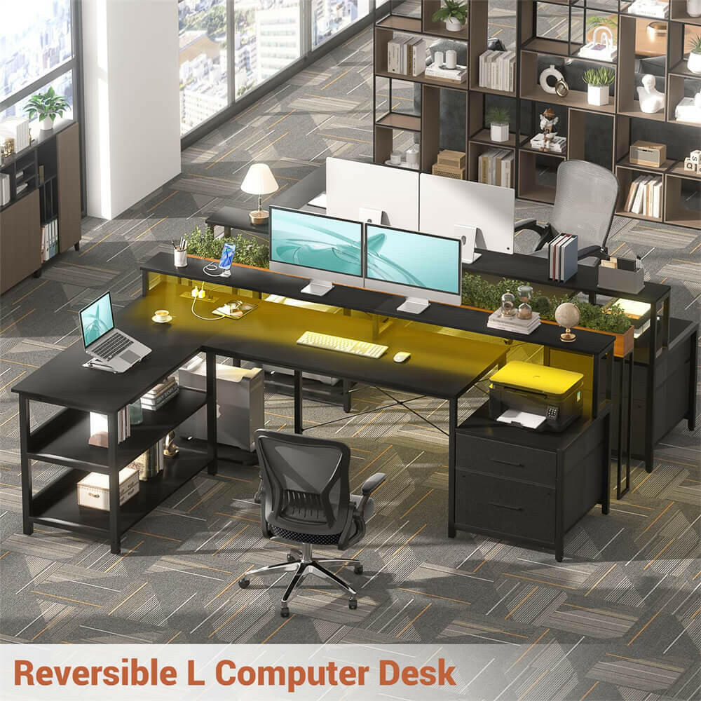 Unikito L Shaped Desk with File Drawer, 66" Reversible L Shaped Computer Desk with Power Outlet & LED Strip, Gaming Desk with Long Monitor Stand, Office Desk Corner Desk with Storage Shelf