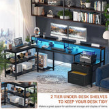 Unikito L Shaped Desk with File Drawer, 66" Reversible L Shaped Computer Desk with Power Outlet & LED Strip, Gaming Desk with Long Monitor Stand, Office Desk Corner Desk with Storage Shelf