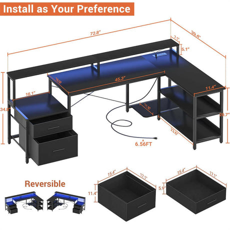 Unikito L Shaped Desk with File Drawer, 72.8" Reversible L Shaped Computer Desk with Power Outlet & LED Strip, Gaming Desk with Monitor Stand, Office Desk Corner Desk with Storage Shelf