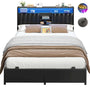 Unikito Full Size Bed Frame with Charging Station & Led Lights, Platform Bed with Leather Upholstered Headboard and Storage, Metal Slats Support, No Box Spring Needed, Noise-Free, Easy Assembly