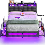 Full Size Bed Frame with Drawers, LED Lights, and Power Outlets, Platform Bed Frame with Upholstered Storage Headboard