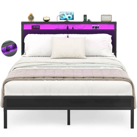 Unikito Full Size Bed Frame with Charging Station and Led Lights, Industrial Metal Platform Bed with Storage Headboard, Steel Slat Support, No Box Spring Needed, Noise-Free