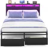 Unikito Full Size Bed Frame with 2 Storage Drawers, Industrial Metal Platform Bed with Charged Headboard and LED lights, No Box Spring Needed, Noise-Free, Easy Assembly