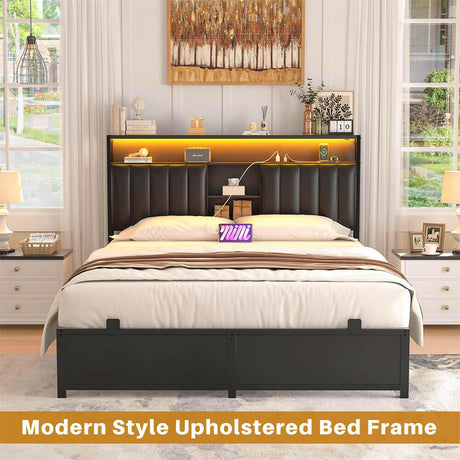 Unikito Full Size Bed Frame with Charging Station & Led Lights, Platform Bed with Leather Upholstered Headboard and Storage, Metal Slats Support, No Box Spring Needed, Noise-Free, Easy Assembly