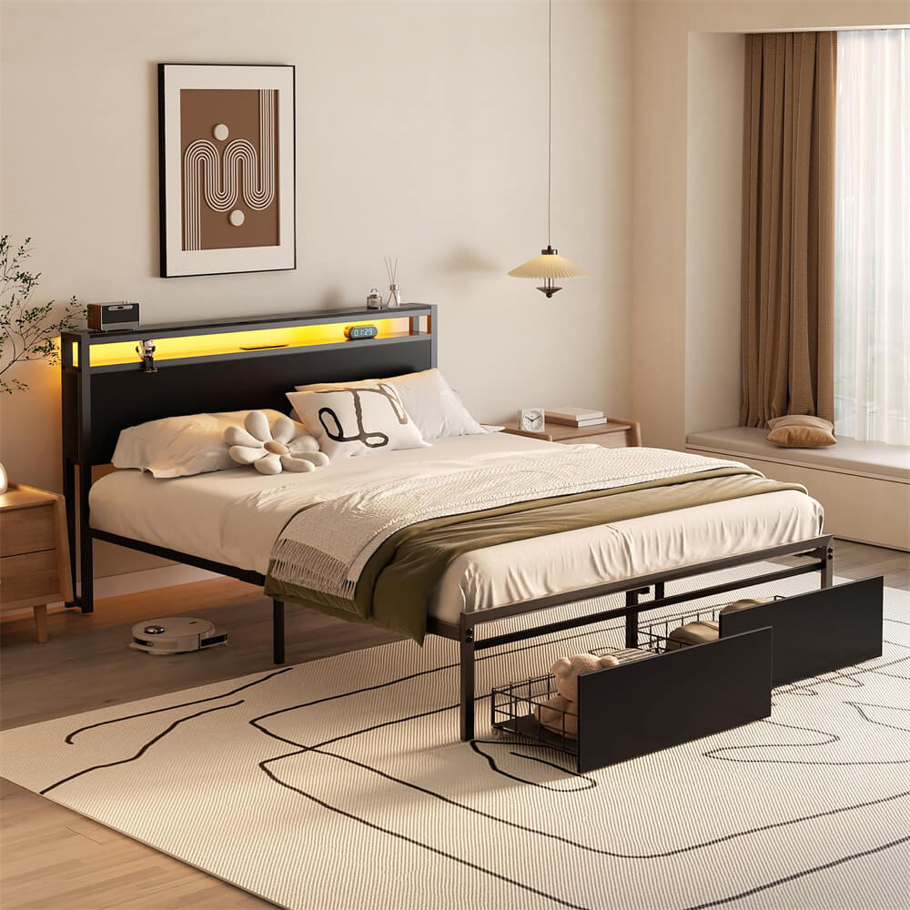 Unikito Full Size Bed Frame with 2 Storage Drawers, Industrial Metal Platform Bed with Charged Headboard and LED lights, No Box Spring Needed, Noise-Free, Easy Assembly