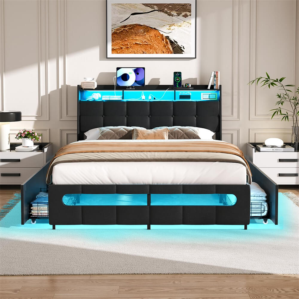 Full Size Bed Frame with Drawers, LED Lights, and Power Outlets, Platform Bed Frame with Upholstered Storage Headboard