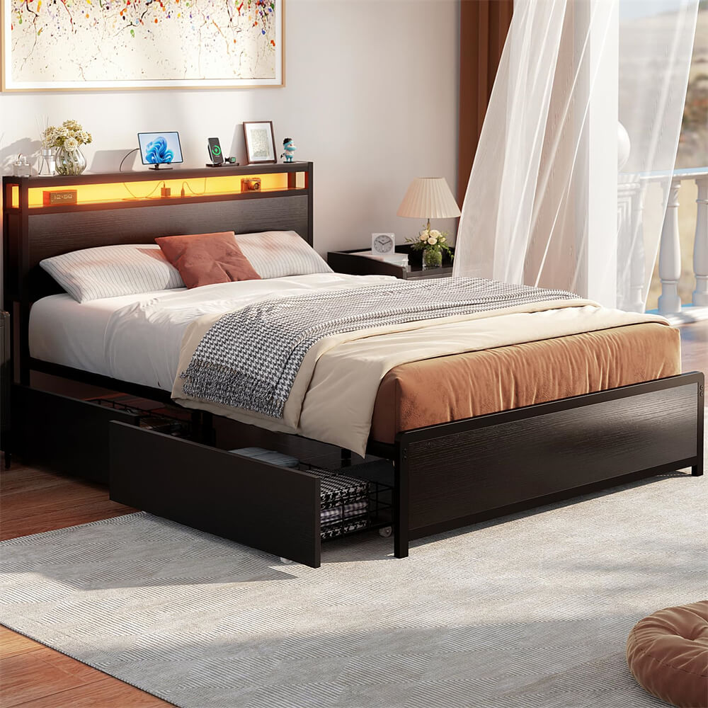 Unikito Full Size Bed Frame with 4 Storage Drawers and Charging Station, Sturdy Platform Bed with Storage Headboard and LED Light, No Box Spring Needed, Easy Assembly