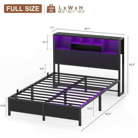 Unikito Full Size Bed Frame with Bookcase Headboard, Metal Platform Bed Frame Full Size with Charging Station and LED Light, Heavy Duty Metal Slats, No Box Spring Needed, Noise-Free