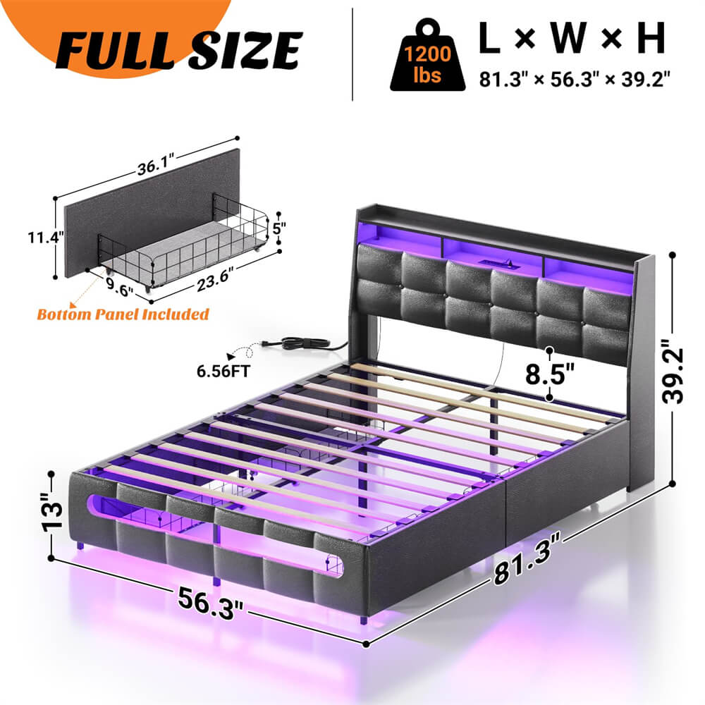 Full Size Bed Frame with Drawers, LED Lights, and Power Outlets, Platform Bed Frame with Upholstered Storage Headboard