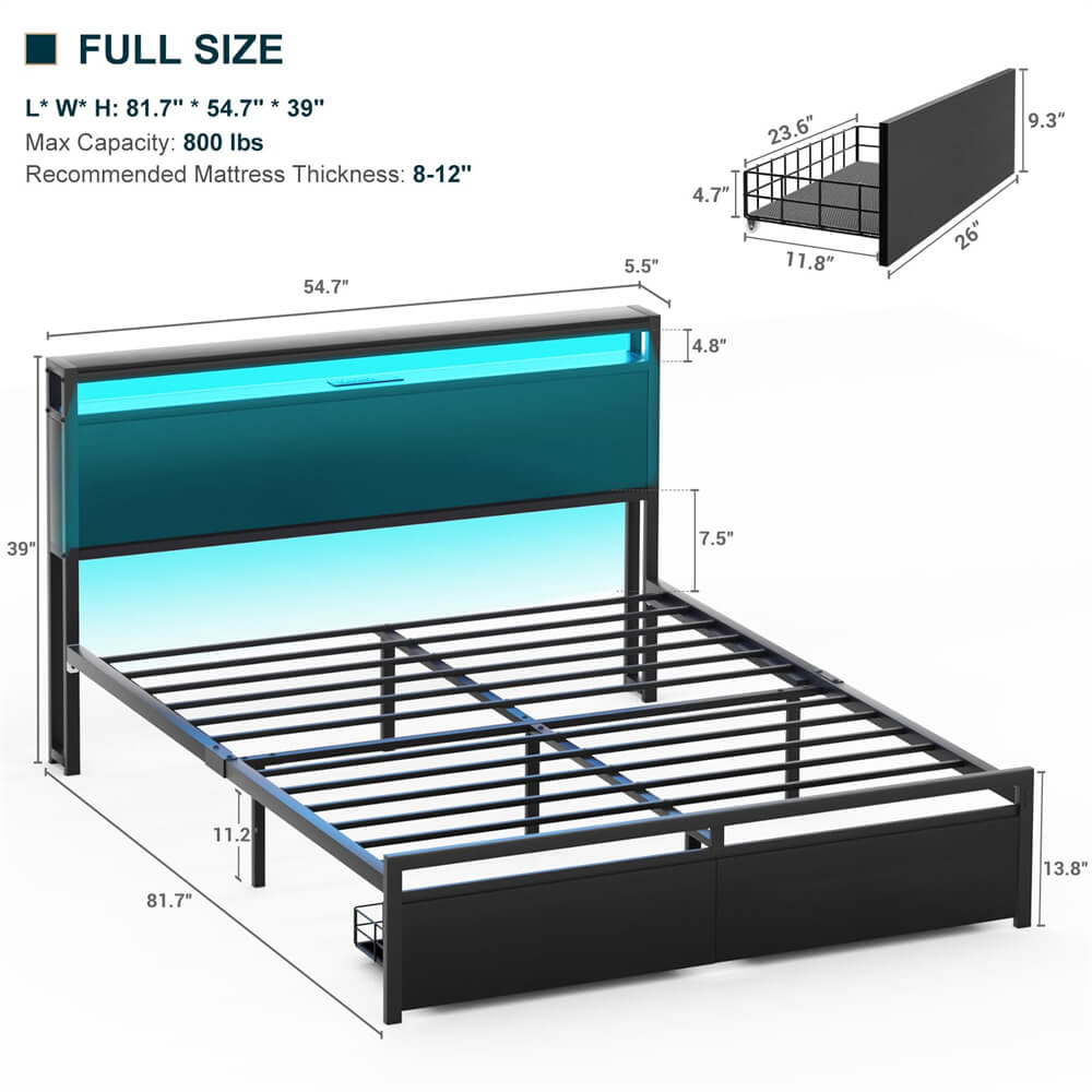 Unikito Full Size Bed Frame with 2 Storage Drawers, Industrial Metal Platform Bed with Charged Headboard and LED lights, No Box Spring Needed, Noise-Free, Easy Assembly