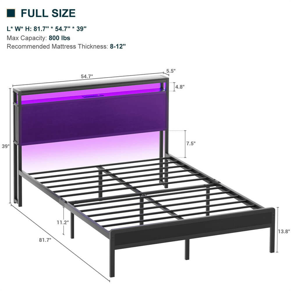 Unikito Full Size Bed Frame with Charging Station and Led Lights, Industrial Metal Platform Bed with Storage Headboard, Steel Slat Support, No Box Spring Needed, Noise-Free