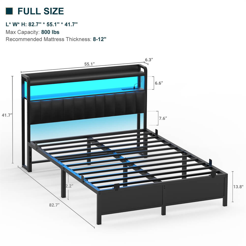 Unikito Full Size Bed Frame with Charging Station, Adjustable Upholstered Faux Leather Headboard, Industrial Platform Bed with LED Lights, Steel Slat Support, No Box Spring Needed