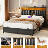 Unikito Full Size Bed Frame with Charging Station & Led Lights, Platform Bed with Leather Upholstered Headboard and Storage, Metal Slats Support, No Box Spring Needed, Noise-Free, Easy Assembly