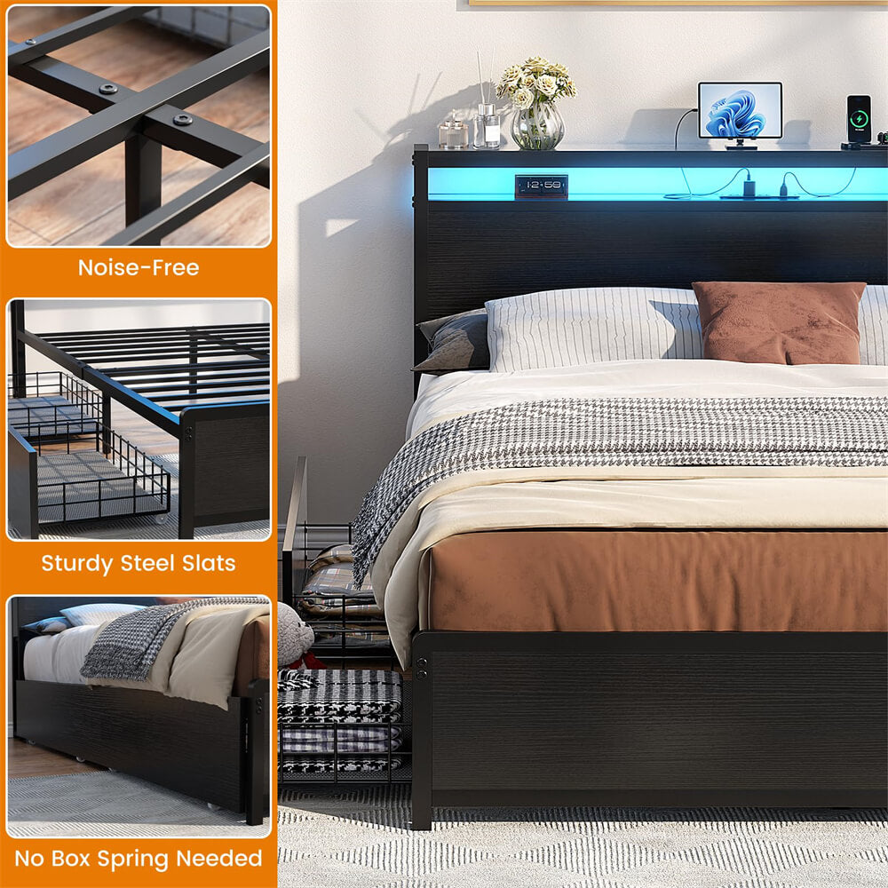 Unikito Full Size Bed Frame with 4 Storage Drawers and Charging Station, Sturdy Platform Bed with Storage Headboard and LED Light, No Box Spring Needed, Easy Assembly