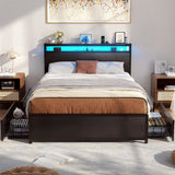 Unikito Full Size Bed Frame with 4 Storage Drawers and Charging Station, Sturdy Platform Bed with Storage Headboard and LED Light, No Box Spring Needed, Easy Assembly