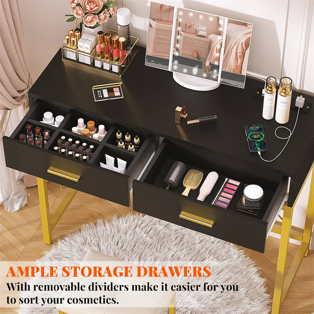 Makeup Vanity Desk Set with Tri-Fold Lighted Mirror, Dressing Table with Drawers and Power Outlets