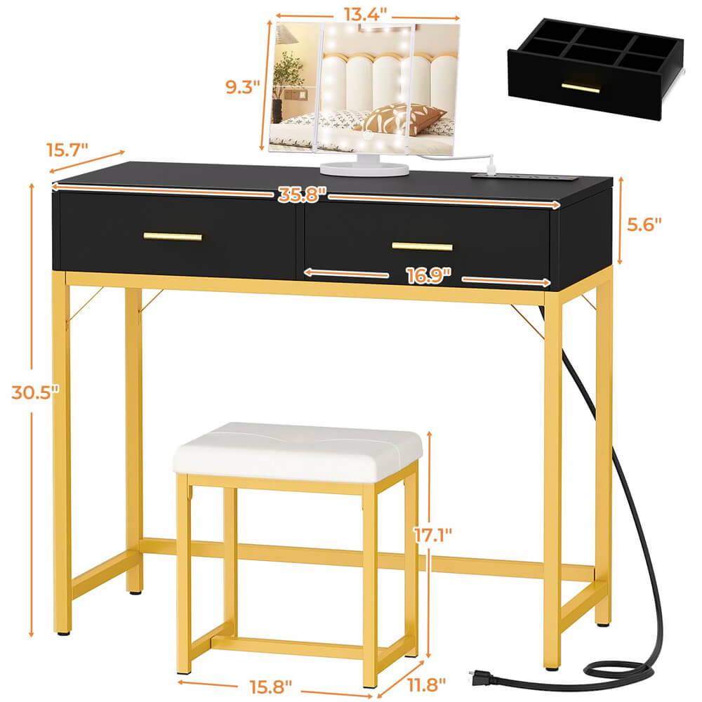 Makeup Vanity Desk Set with Tri-Fold Lighted Mirror, Dressing Table with Drawers and Power Outlets