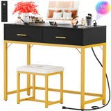 Makeup Vanity Desk Set with Tri-Fold Lighted Mirror, Dressing Table with Drawers and Power Outlets