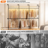 Industrial Pipe Clothing Rack, Reversible Clothes Rack with LED Lights, 15.7"D x 118.3"W x 90.55"H