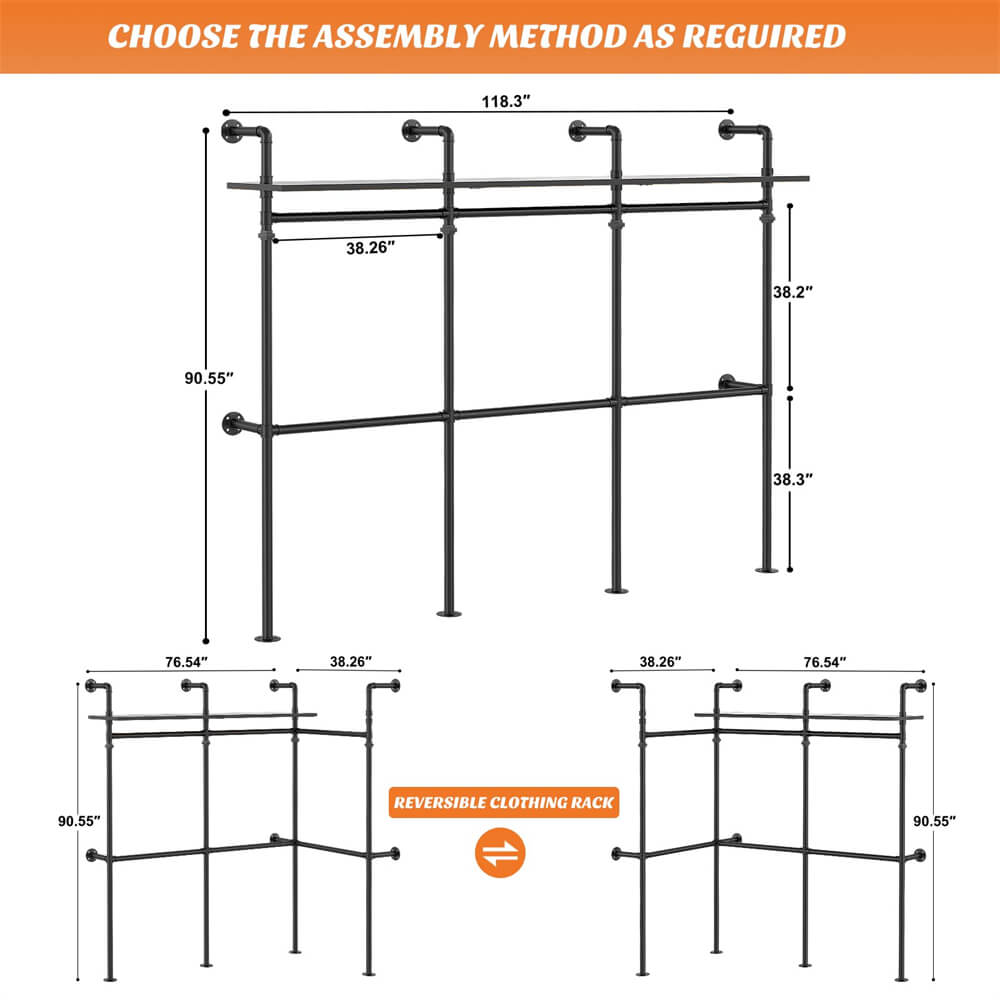 Industrial Pipe Clothing Rack, Reversible Clothes Rack with LED Lights, 15.7"D x 118.3"W x 90.55"H