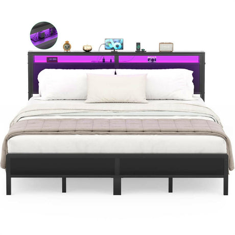 Unikito King Size Bed Frame with Charging Station and Led Lights, Industrial Metal Platform Bed with Storage Headboard, Steel Slat Support, No Box Spring Needed, Noise-Free, Easy Assembly