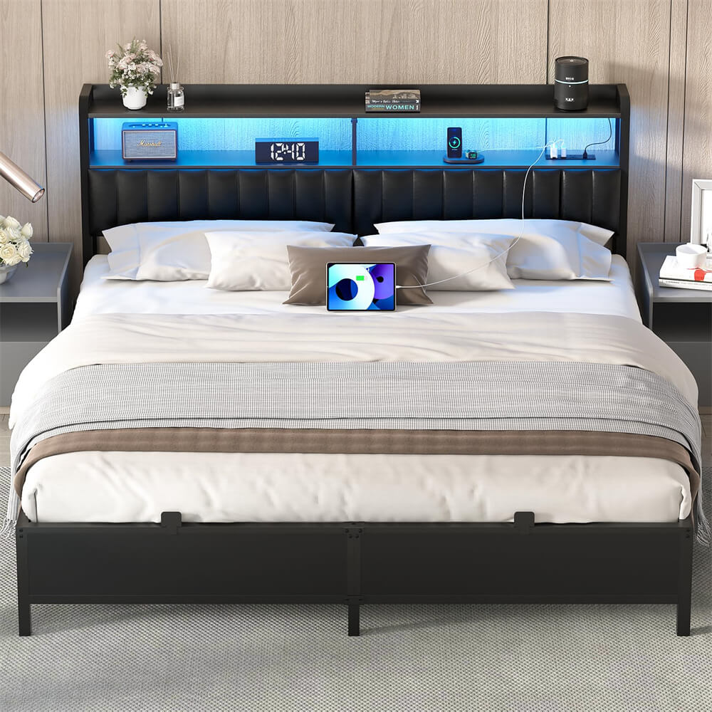 Unikito King Size Bed Frame with Charging Station, Adjustable Upholstered Faux Leather Headboard, Industrial Platform Bed with LED Lights, Steel Slat Support, No Box Spring Needed