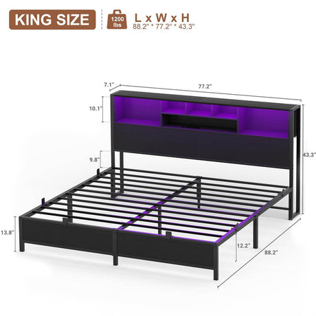 Unikito King Size Bed Frame with Bookcase Headboard, Metal Platform Bed Frame King Size with Charging Station and LED Light, Heavy Duty Metal Slats, No Box Spring Needed, Noise-Free