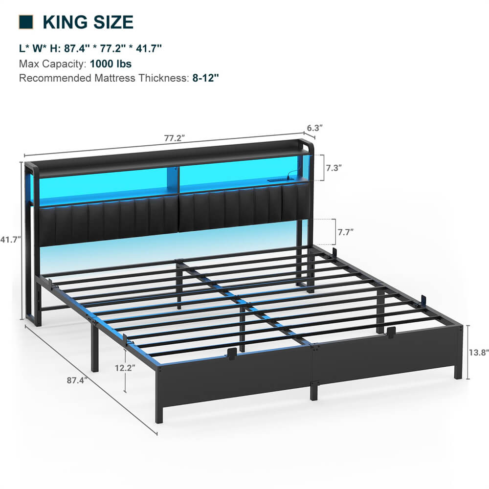 Unikito King Size Bed Frame with Charging Station, Adjustable Upholstered Faux Leather Headboard, Industrial Platform Bed with LED Lights, Steel Slat Support, No Box Spring Needed