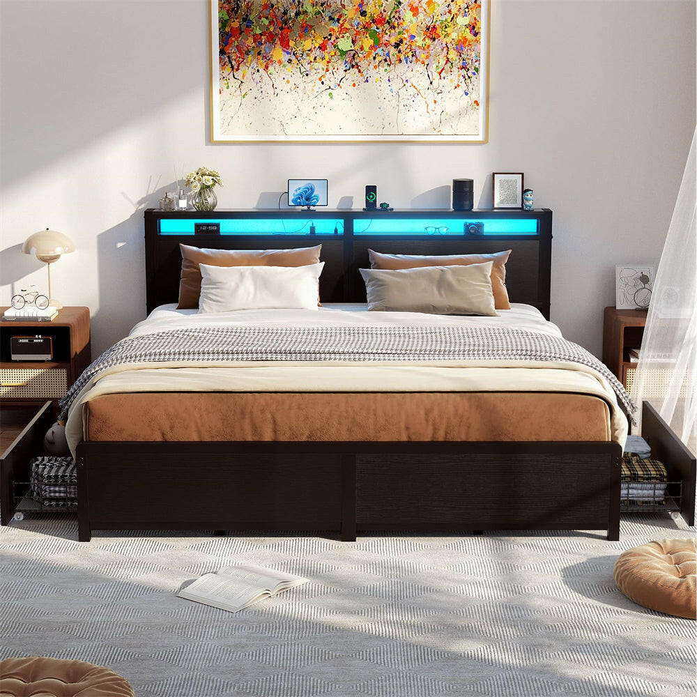 Unikito King Size Bed Frame with 4 Storage Drawers and Charging Station, Sturdy Platform Bed with Storage Headboard and LED Light, No Box Spring Needed, Easy Assembly