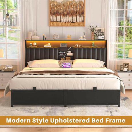 Unikito King Bed Frame with Charging Station & Led Lights, Platform Bed with Leather Upholstered Headboard and Storage, Metal Slats Support, No Box Spring Needed, Noise-Free, Easy Assembly