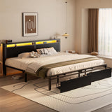 Unikito King Size Bed Frame with 2 Storage Drawers, Industrial Metal Platform Bed with Charged Headboard and LED lights, No Box Spring Needed, Noise-Free, Easy Assembly