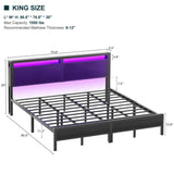 Unikito King Size Bed Frame with Charging Station and Led Lights, Industrial Metal Platform Bed with Storage Headboard, Steel Slat Support, No Box Spring Needed, Noise-Free, Easy Assembly